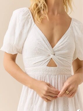 NWT Altar'd State White Eyelet Maxi Dress with Twist Front and Puff Sleeves